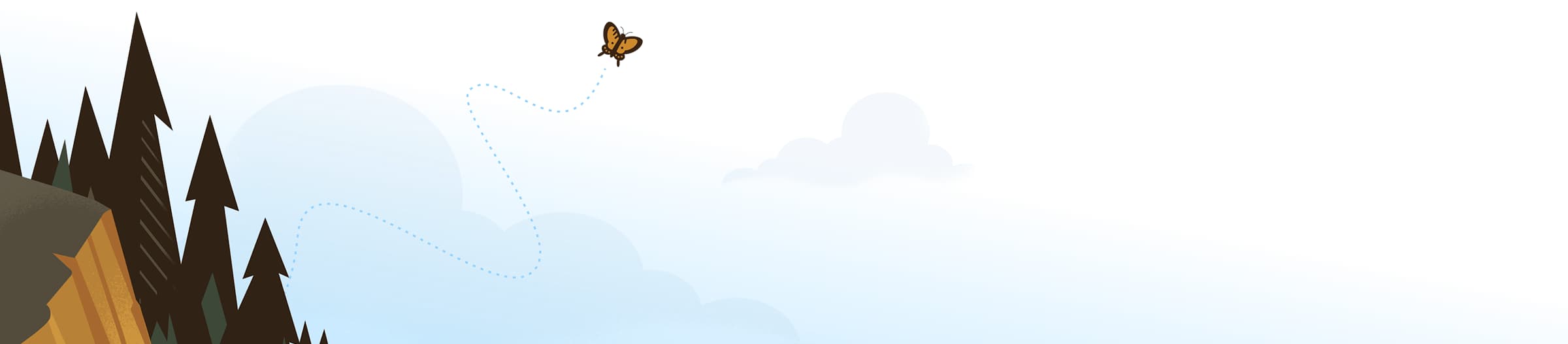 A butterfly flying over a mountain vista.